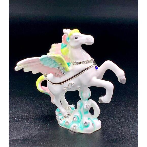 Other - Winged Unicorn Trinket Box Enamel Rhinestone Pastel Gold Tone Keepsake
